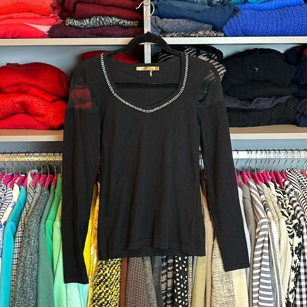 Belldini black long sleeve rhinestone v neck mesh shoulder sweater size S